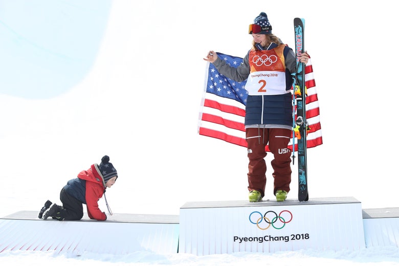 PYEONGCHANG-GUN, SOUTH KOREA - FEBRUARY 22: David Wise of the United States celebrates with his son Malachi after winning gold in the Freestyle Skiing Men's Ski Halfpipe Final on day thirteen of the PyeongChang 2018 Winter Olympic Games at Phoenix Snow Park on February 22, 2018 in Pyeongchang-gun, South Korea. (Photo by Cameron Spencer/Getty Images)